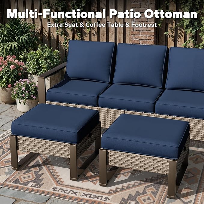 Outdoor Patio Swivel Rocker Chairs, 8 Pieces Wicker Furniture Set, 4 Swivel Rocking Chairs, 1 Sofa, 2 Ottoman and 1 Table, Wide Armrest, Thick Cushions and Deep Seating for Garden, Backyard, Porch