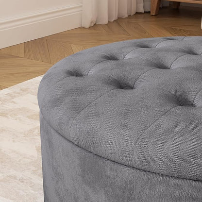 30 Inch Round Storage Ottoman,Modern Tufted Ottomans,Circular Coffee Table with Removable Top,Upholstered Large Ottoman with Storage Footrest Stool for Bedroom Living Room (Grey)
