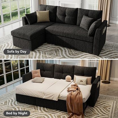 Huatean Home Sleeper Couch Sofa, Sectional Sleeper Sofa Bed with Side Pocket for Living Room, 2 in 1 Pullout Couch Bed with Storage Chaise, Black