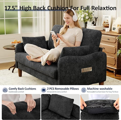 Vipbear 48" Loveseat Sofa,Modern Small Couches for Small Spaces,Black Chenille Love Seat Couch for Living Room,Bedroom,Apartment,Office,Deep Seat,Throw Pillow,Side Pockets,Curved Armrest