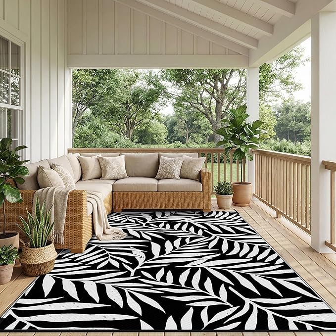 Smiry Outdoor Rug 8x10 ft, Waterproof Reversible Plastic Straw Rugs, Outdoor Area Rug with Leaf Pattern, Outside Floor Mat for Patio, Backyard, Deck, Picnic, Beach, Camping, Black & White
