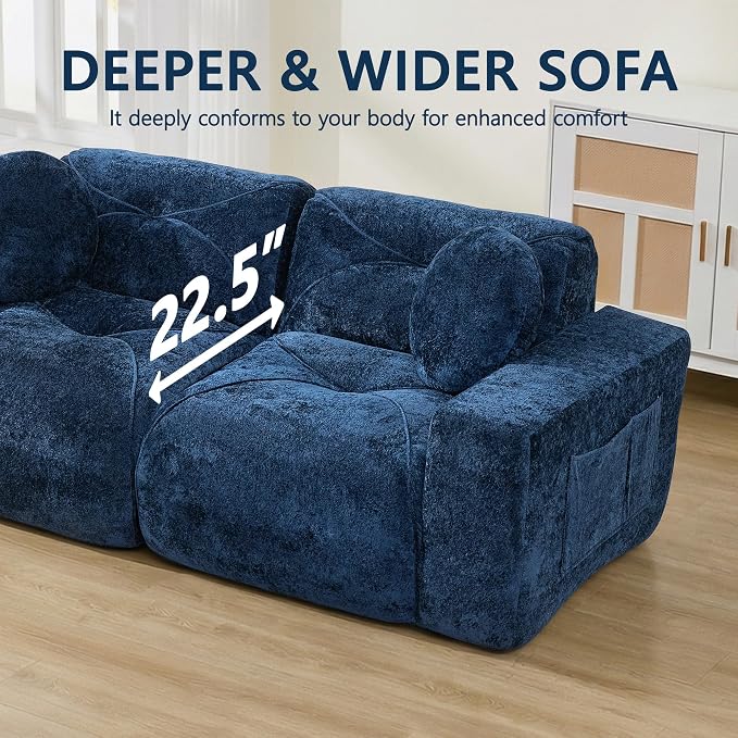82" Modular Sectional Cloud Couch, Loveseat Sofa Boneless Couches, 2 Deep Seat Modern Comfy Velvet Sofa for Living Room, Bedroom, Apartment (Blue)
