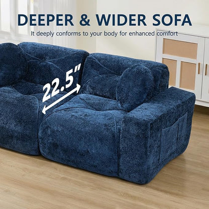 82" Modular Sectional Cloud Couch, Loveseat Sofa Boneless Couches, 2 Deep Seat Modern Comfy Velvet Sofa for Living Room, Bedroom, Apartment (Blue)
