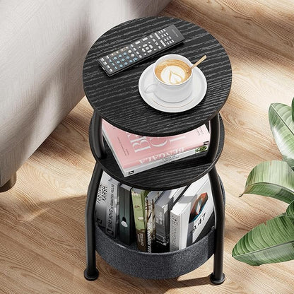 Small Round Side Table for Living Room with Storage Basket –Small Space Saving End Table 3-Tier Accent Nightstand Couch Corner Table for Sofa, Bedroom, Patio and More 24in Tall Classic Black
