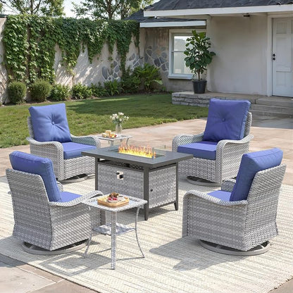 7-Piece Outdoor Conversation Set with 43" Fire Pit Table, 4 Swivel Rocking Chairs (4" Cushions) & 2 Side Tables, All-Weather PE Rattan & Steel Frame for Porch, Deck, Backyard, Blue