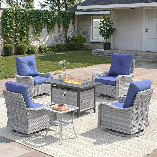 7-Piece Outdoor Conversation Set with 43" Fire Pit Table, 4 Swivel Rocking Chairs (4" Cushions) & 2 Side Tables, All-Weather PE Rattan & Steel Frame for Porch, Deck, Backyard, Blue