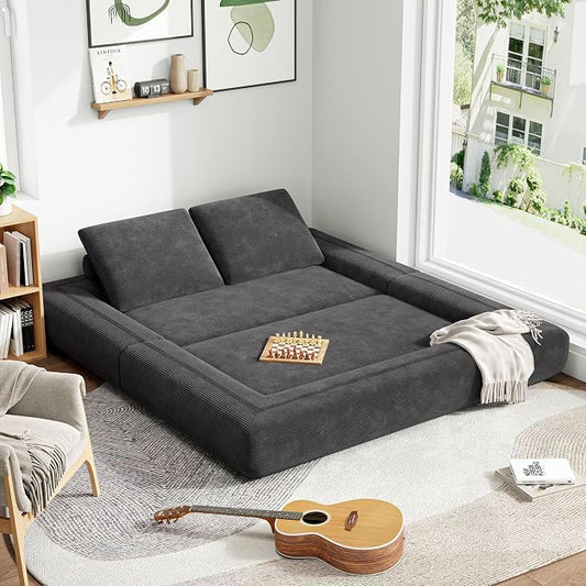 LIKIMIO FlipNest Convertible Sleeper Sofa Bed Floor Sofa 3-in-1 No Assembly, Foldable Mattress with Corduroy Upholstery Dark Grey, Lounge Loveseat Couch for Living Room Studio Guest Room