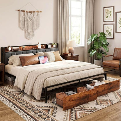 LIKIMIO California King Size Bed Frame with 2 Drawers and Charging Station | Platform Bed with Upholstered Storage Headboard, No Box Spring Needed, Easy Assembly, Sturdy, Industrial Brown and Gray