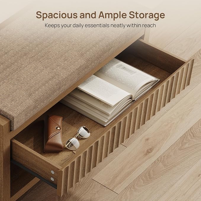 SICOTAS Fluted Shoe Bench with Drawers for Entryway Set of 2, Caramel Oak | Modern Fluted Design, 300 lb Capacity Per Bench, Comfortable Cushion, Spacious Drawer, Open Shoe Storage, Multi-Room Use
