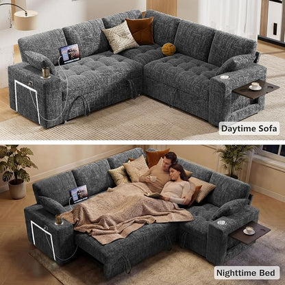 Vipbear 86" Modular Sectional Sleeper Sofa with Pull Out Bed, 5 Seat Chenille L Shaped Couch with USB Ports|Cup Holders|Side Table|Storage Loveseat, Tool Free Assembly, Grey