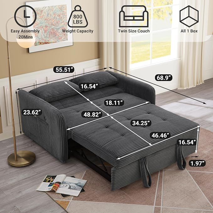 55.5" Corduroy Convertible Sofa Bed, Pull Out Sleeper Sofa Bed, Loveseat Couch with USB Charging Ports, 3 in 1 Convertible Sleeper Sofa Bed for Living Room, Apartment, Bedroom, RV, Grey