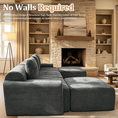 122" L-Shaped Modular Sectional Sofa, Oversized Boneless Cloud Couch for Living Room with Extra Deep Seat & High Back, Tool-Free No Assembly, Soft Chenille (Dark Grey, 122 inch-L Shaped（3+1）)