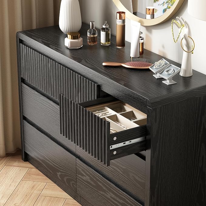 LYNSOM 7 Drawer Dresser for Bedroom, 50" Wide Fluted Dresser with Curved Corners, Wood Dressers & Chests of Drawers with Dual-Panel Design for Bedroom, Entryway, Black