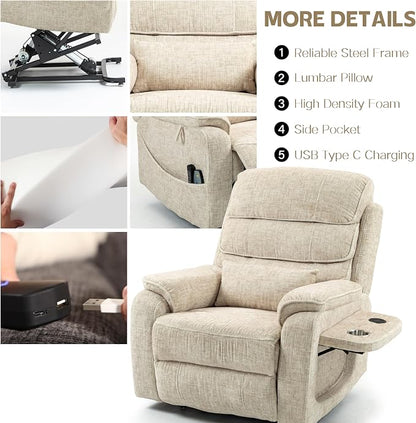JIKFRIMA Power Lift Recliners Chairs for Elderly Adults Lay Flat Recliner with Heat & Massage, Wireless Charging Device, USB Ports, Cup Holder, Lumbar Pillow, 400Lbs (Velvet Fibric,Beige)