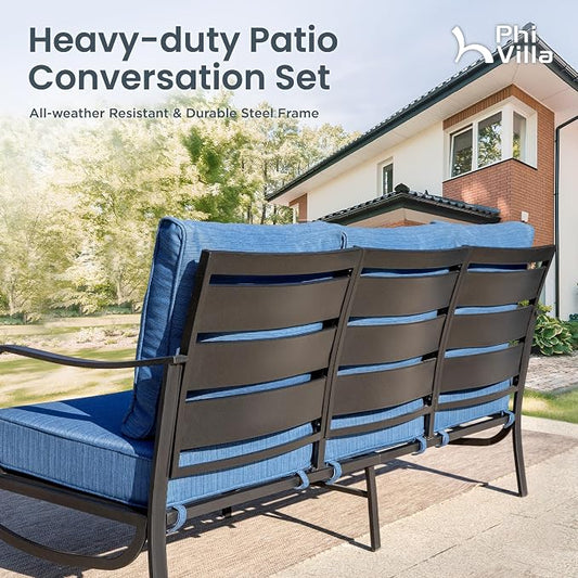 PHI VILLA Metal Patio Sofa with 5.75" Extra-Thick Waterproof Cushion, 3 Seater Deep Seat & High Back Outdoor Couch, All Weather Porch Furniture for Deck Backyard Front Porch Apartment,Peacock Blue