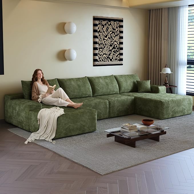 136" Sectional Couches for Living Room Modern Modular Sofa with L-Shape Couchs Upholstered Boneless Couch Deep Seat Sectional Couch with Chaise (Green, 136"Right facing chaise+3Seaters+Ottoman)