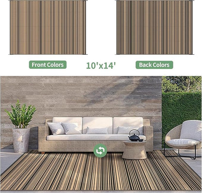 GENIMO Outdoor Rug for Patio Clearance, 10'x14' Reversible Plastic Straw Rugs, Lightweight Waterproof RV Camping Mat for Camper, Balcony, Deck, Backyard, Picnic, BlackBrown