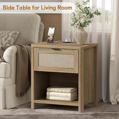 Boho Nightstand with Charging Station, Large Bedside Table with Drawer & Open Storage Shelf, Mid-Century Modern End Table Rattan-Look Drawer, Accent Side Table with Rounded Corners for Bedroom