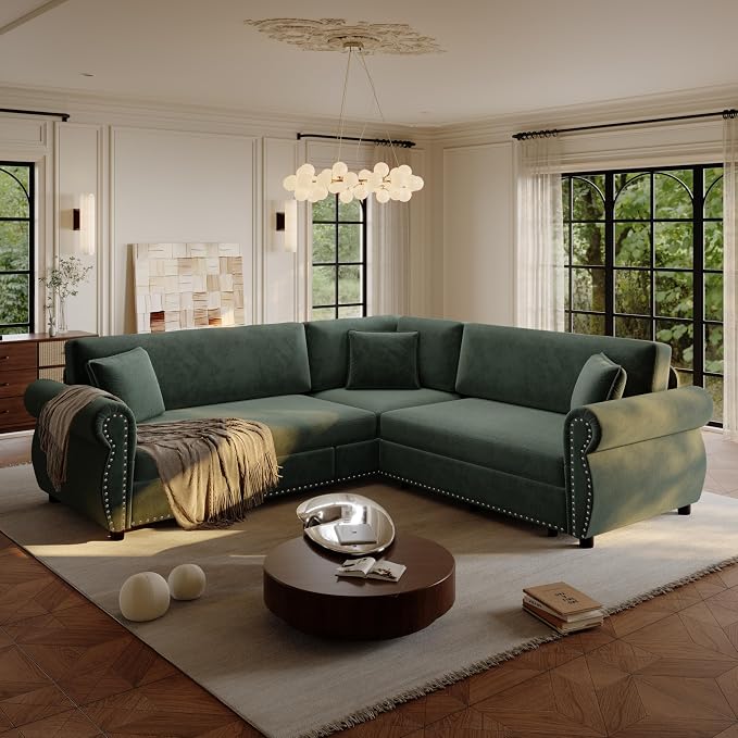 88.2" Sectional Sleeper Sofa with Pull Out Bed - Oversize L-Shaped Convertible Sleeper Couch Bed, Button Tufted Chesterfield Sofa, Chenille Vintage Couches for Living Room/Apartment(4-Seater, Green) | Pull Out couch Bed