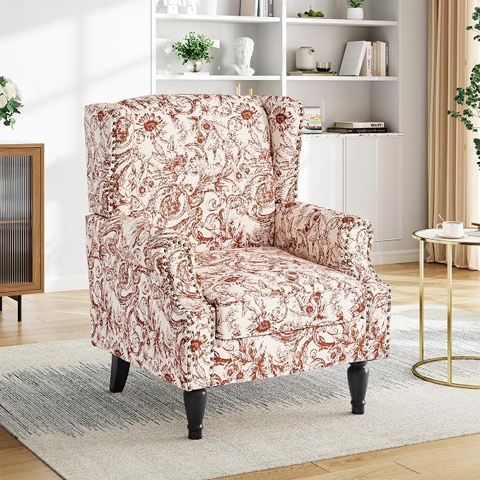 Pia Ricco High Back Floral Accent Chair - Retro Wingback Upholstered Armchair with Nailhead Trim, Solid Wood Legs, Fabric Living Room Bedroom Reading Chair (Rococo Orange)