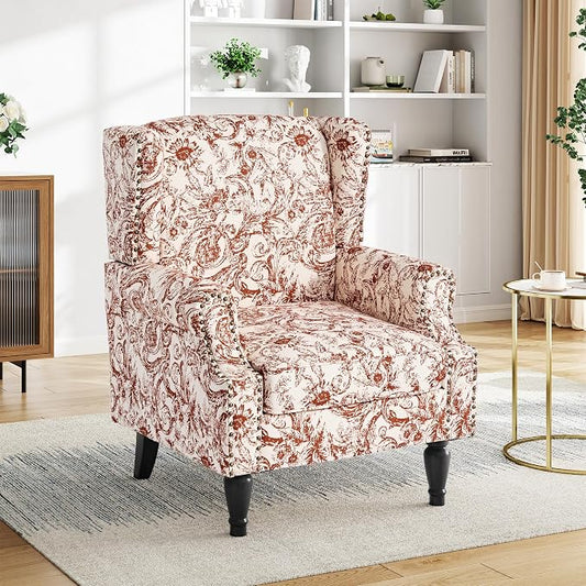 Pia Ricco High Back Floral Accent Chair - Retro Wingback Upholstered Armchair with Nailhead Trim, Solid Wood Legs, Fabric Living Room Bedroom Reading Chair (Rococo Orange)