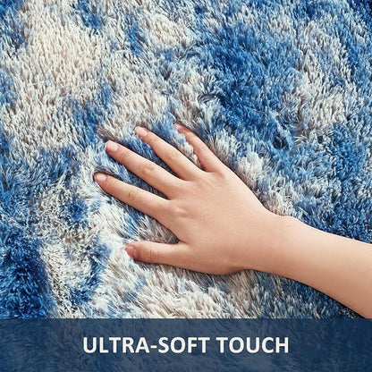 Ophanie 9x12 Blue and Gray Area Rugs for Living Room,Large Navy Grey White Fluffy Shag Fuzzy Plush Soft Carpets,Floor Shaggy Rugs for Bedroom,Carpet for Kids Dorm Decor with Over 99 pcs Pile fibers