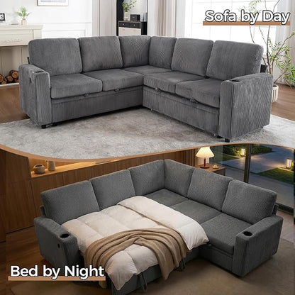 Sectional Sleeper Sofa with Pull Out Bed, Plush Corduroy L Shaped Corner Couch with Storage, USB Ports, Cup Holders, Comfy Sectional Couches for Living Room, Grey