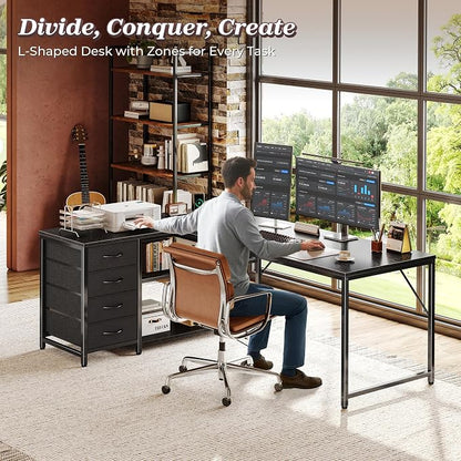 PRAISUN 61" L Shaped Desk with Power Outlets & USB-C Port, Reversible Computer Corner Office Desk with 4 Fabric Drawers and 2 Storage Shelves, Large Desk for Gaming Writing Study, Black