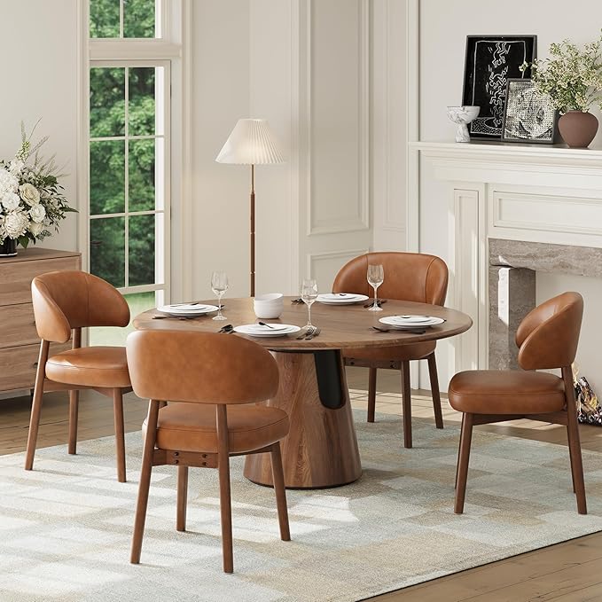 MALOL Wooden Dining Chairs Set of 4, Modern Upholstered Dining Room Chair, PU Leather Kitchen Side Chairs with Curved Open Back for Living Room/Restaurant/Cafe, Brown