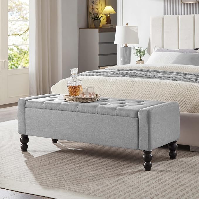 50" W Storage Ottoman Bench with Safety Hinge, Load up to 660 lb Ottoman with Storage, Upholstered Tufted Entryway Bench with Seating for Living Room, Bedroom, Light Gray