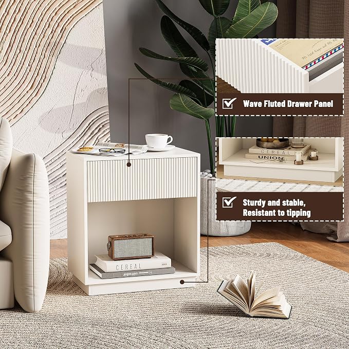 Fluted Nightstands Set of 2, Modern Bedside Table with Drawer and Storage Shelf, Wood End Table Mid Century Night Stands for Bedroom Living Room Sofa Couch Office (White)