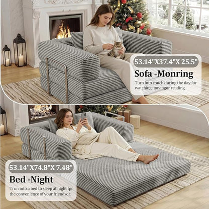 BSHOMGI 4 in 1 Convertible Sofas Boneless Couches with 2 Pillow, Modern Corduroy Futon Bed, Modular Queen Sofa with Pull-Out Bed, LoveSeat for Living Room, Small Space Apartment 53.15" Double Sofa