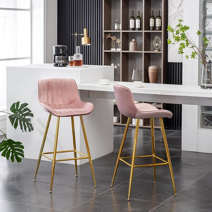 Sidanli 29 Inch Bar Stools Set of 2, Pink Barstools with Back and Gold Plated Legs, Upholstered Barstools for Bar, Living Room, Kitchen Island, Farmhouse