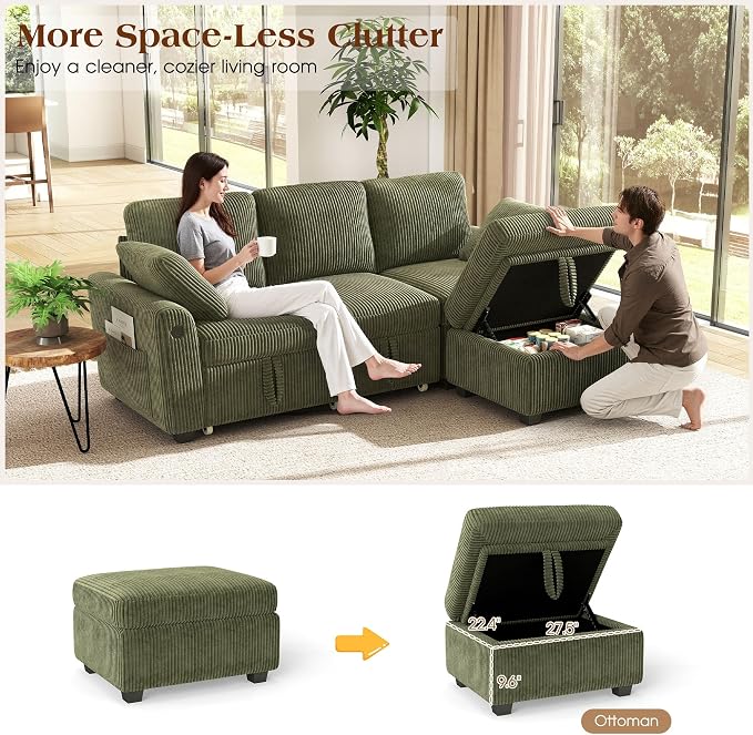 Ihanherry 81-inch Corduroy Modular Sectional Sofa Bed with Storage Ottoman & USB Port, Reversible 3-Seater L-Shaped Sleeper Sofa, Left or Right Fasing Chaise for Living Room（Green）