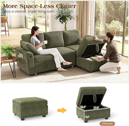 Ihanherry 81-inch Corduroy Modular Sectional Sofa Bed with Storage Ottoman & USB Port, Reversible 3-Seater L-Shaped Sleeper Sofa, Left or Right Fasing Chaise for Living Room（Green）