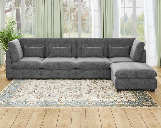 154" Oversized Chenille Couch Modular Sectional Sofa, Washable Cloud Couch Sectional with Ottoman, 5 Seater Sectional Couches for Living Room, Fully Cover Removable, L Shaped, Chenille, Grey