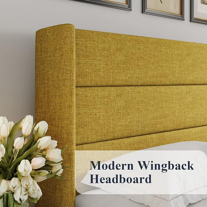 Allewie Queen Size Lift Up Storage Bed, Modern Wingback Headboard, Hydraulic Support, No Box Spring Needed, Olive Yellow