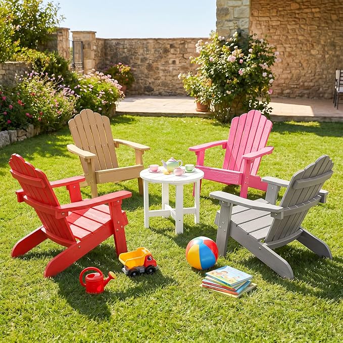 Costzon Kids Adirondack Chair, All-Weather HIPS Toddler Outdoor Chair, Wooden Textured Plastic Fire Pit Chair, Kids Patio Chair for Backyard Lawn Garden, Fits Children Age 3-7 Years (4, Red)