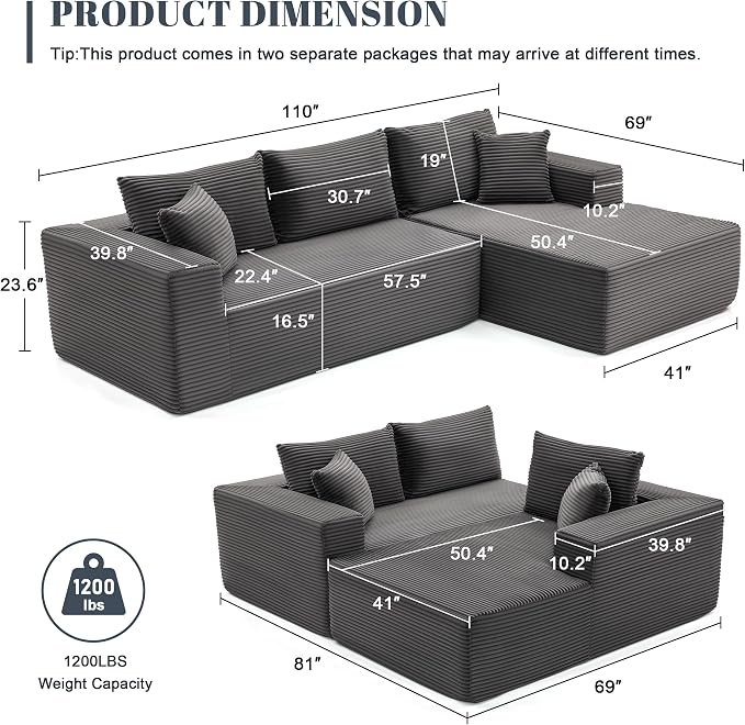 Mangodan 110” Cloud Sectional Couch, Boneless Sofa for Living Room, Modular Sectional Sofa with Deep Seat, Fluffy Couch with L-Shaped Chaise, No Assembly Required (Right-Facing Chaise, Dark Grey)