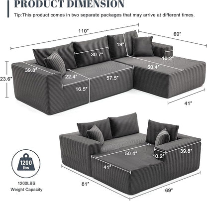 Mangodan 110” Cloud Sectional Couch, Boneless Sofa for Living Room, Modular Sectional Sofa with Deep Seat, Fluffy Couch with L-Shaped Chaise, No Assembly Required (Right-Facing Chaise, Dark Grey)