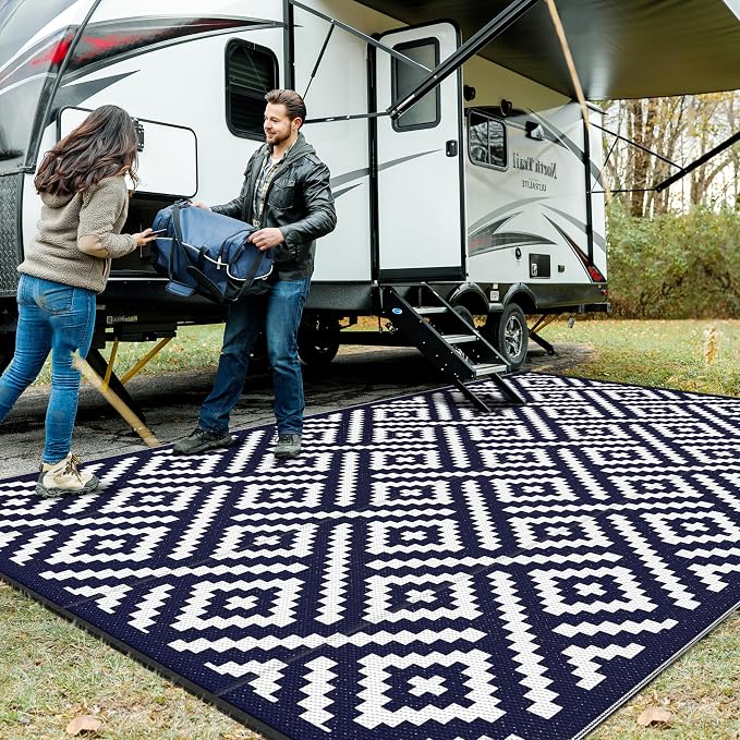 GENIMO Outdoor Rug for Patio Clearance, 10'x14' Waterproof Large Camping Mat, Reversible Plastic Straw Rugs for RV, Camper, Balcony, Backyard, Picnic, Deck (Navy Blue & White)