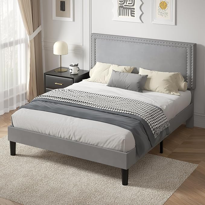 VECELO Full Size Platform Bed Frame with Height Adjustable Upholstered Headboard, Modern Mattress Foundation,Strong Wood Slat Support, No Box Spring Needed, Easy Assembly,Light Grey