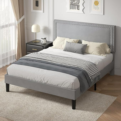 VECELO Full Size Platform Bed Frame with Height Adjustable Upholstered Headboard, Modern Mattress Foundation,Strong Wood Slat Support, No Box Spring Needed, Easy Assembly,Light Grey