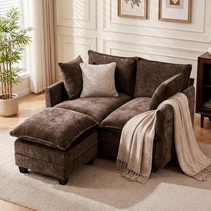L-Shape Loveseat Sofa Couch with Ottoman, Small 50" Love Seat 27" Deep Cloud Sofa Washable Chenille Pillow for Apartment Bedroom Dorm Attic Studio Office Living Room Small Space 8833-BROWN-L