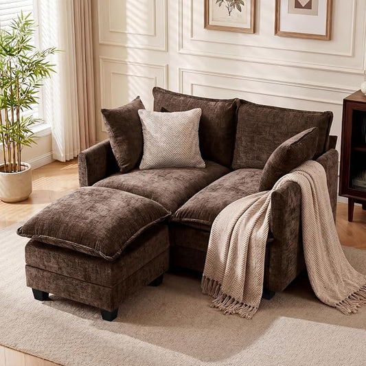 L-Shape Loveseat Sofa Couch with Ottoman, Small 50" Love Seat 27" Deep Cloud Sofa Washable Chenille Pillow for Apartment Bedroom Dorm Attic Studio Office Living Room Small Space 8833-BROWN-L