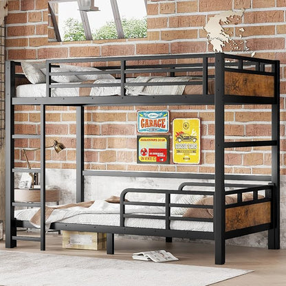 Twin XL Over Twin XL Metal Bunk Bed, Heavy Duty Convertible Bunk Bed Frame with Headboard & Full Guardrails, Can Be Split into Two Platform Beds or Loft Bed,Vintage
