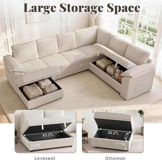108 Inch Sectional Sleeper Sofa Bed with Pull Out Couch, U Shaped 7 Seat Cloud Modular Sectional Sofa with Storage, Corduroy Sectional Couches for Living Room, Removable Sofa Cover, Beige