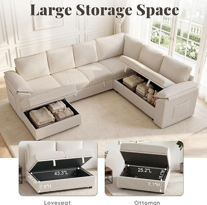 108 Inch Sectional Sleeper Sofa Bed with Pull Out Couch, U Shaped 7 Seat Cloud Modular Sectional Sofa with Storage, Corduroy Sectional Couches for Living Room, Removable Sofa Cover, Beige