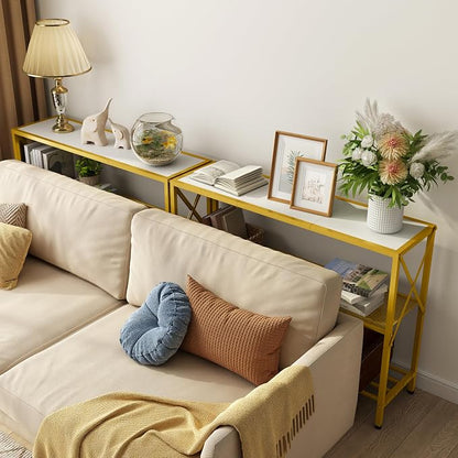 Hoctieon Gold Console Table, 3 Tier Entryway Table with Shelves, Narrow Sofa Table for Hallway, Living Room, Foyer, Office, 42" x 12", Gold and White