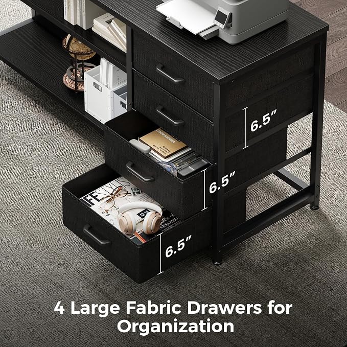 AODK 69" L Shaped Desk with Drawer, Computer Desk with Power Outlets & LED Lights, Reversible Corner Gaming Desks for Home Office Workstation, Office Table with Monitor Shelf, Black